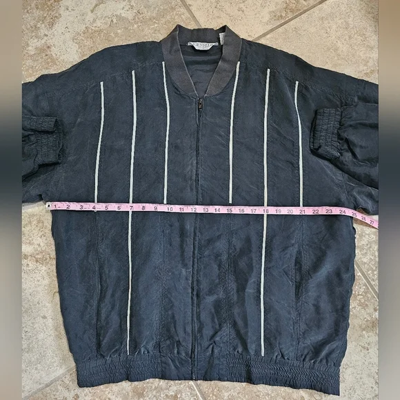 Genelli Mens L Bomber Jacket Black Silk White Stripe Zip Vintage 80s Minimalist - Picture 6 of 7